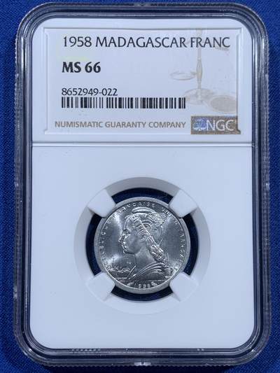 《竞宝斋》第452场 周日，周一 2场连拍 （全场包邮，欢迎送拍） - NGC MS66 马达加斯加1958年1法郎铝币