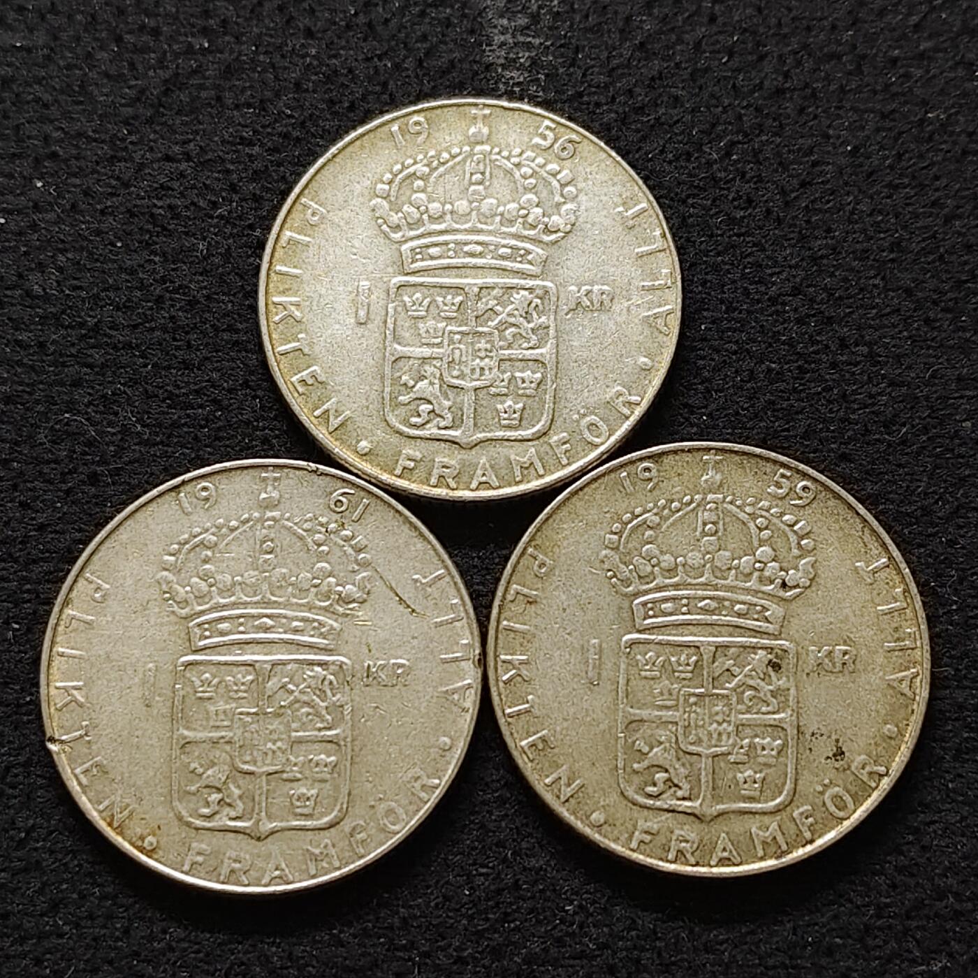 【全场包邮】纯粹捡漏拍491场（免费代拍第28场） 瑞典1956-1961年古斯塔夫六世1克朗（25毫米7克）银币3枚一组（共计21克）