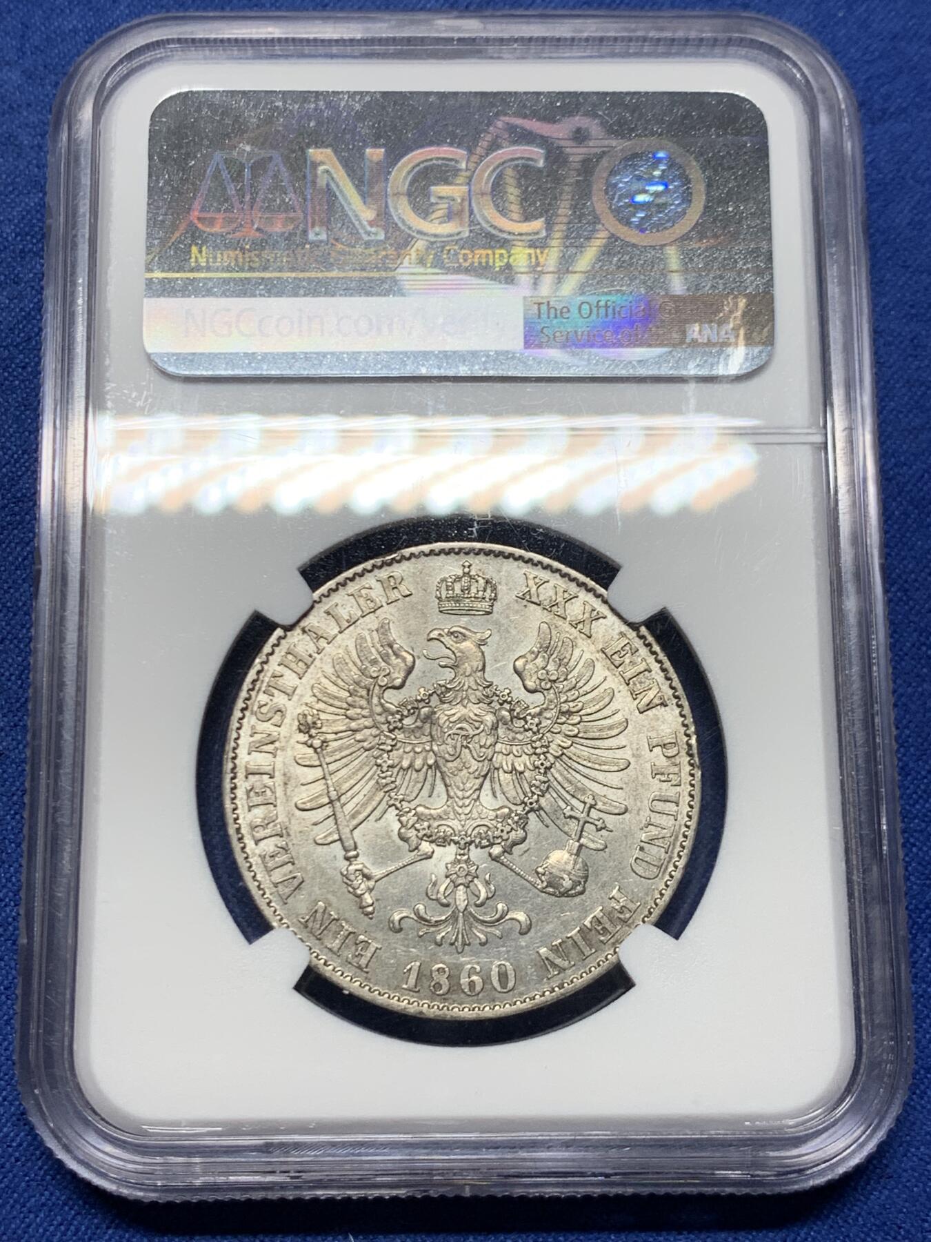 《竞宝斋》第452场 周日，周一 2场连拍 （全场包邮，欢迎送拍） NGC MS62 德国 1860年 普鲁士 威廉四世 离冠鹰 1泰勒银币 少见年份