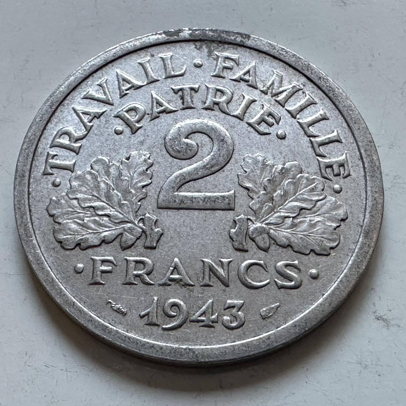 🌹外币初藏🌹🐯2025年第147场  每周二四六晚8️⃣点 接代拍 法国1943年维希政府权斧2法郎 b