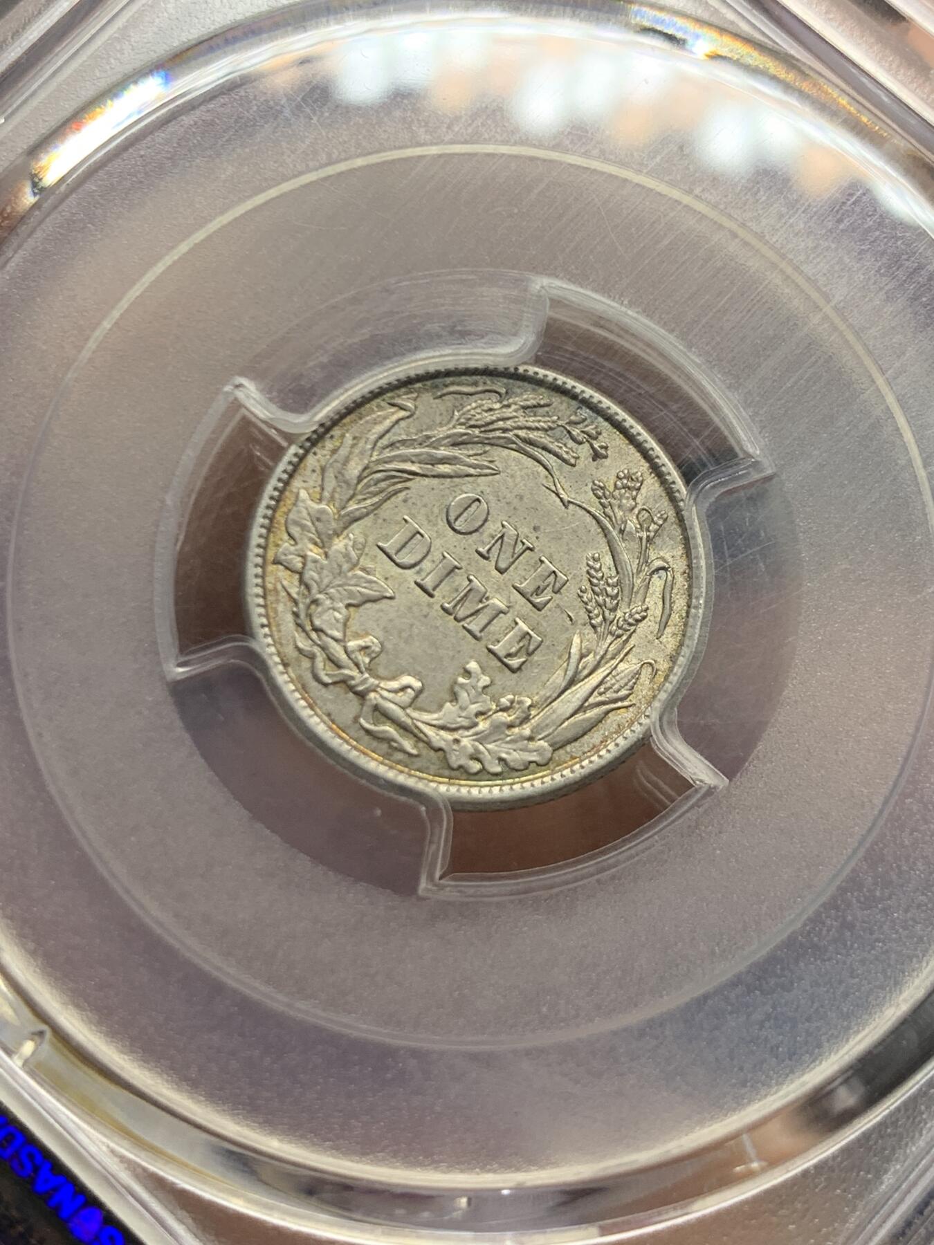 《竞宝斋》第452场 周日，周一 2场连拍 （全场包邮，欢迎送拍） PCGS AU55 美国1913年巴伯dime银币，小巧玲珑。转光和底板俱佳，性价比之选