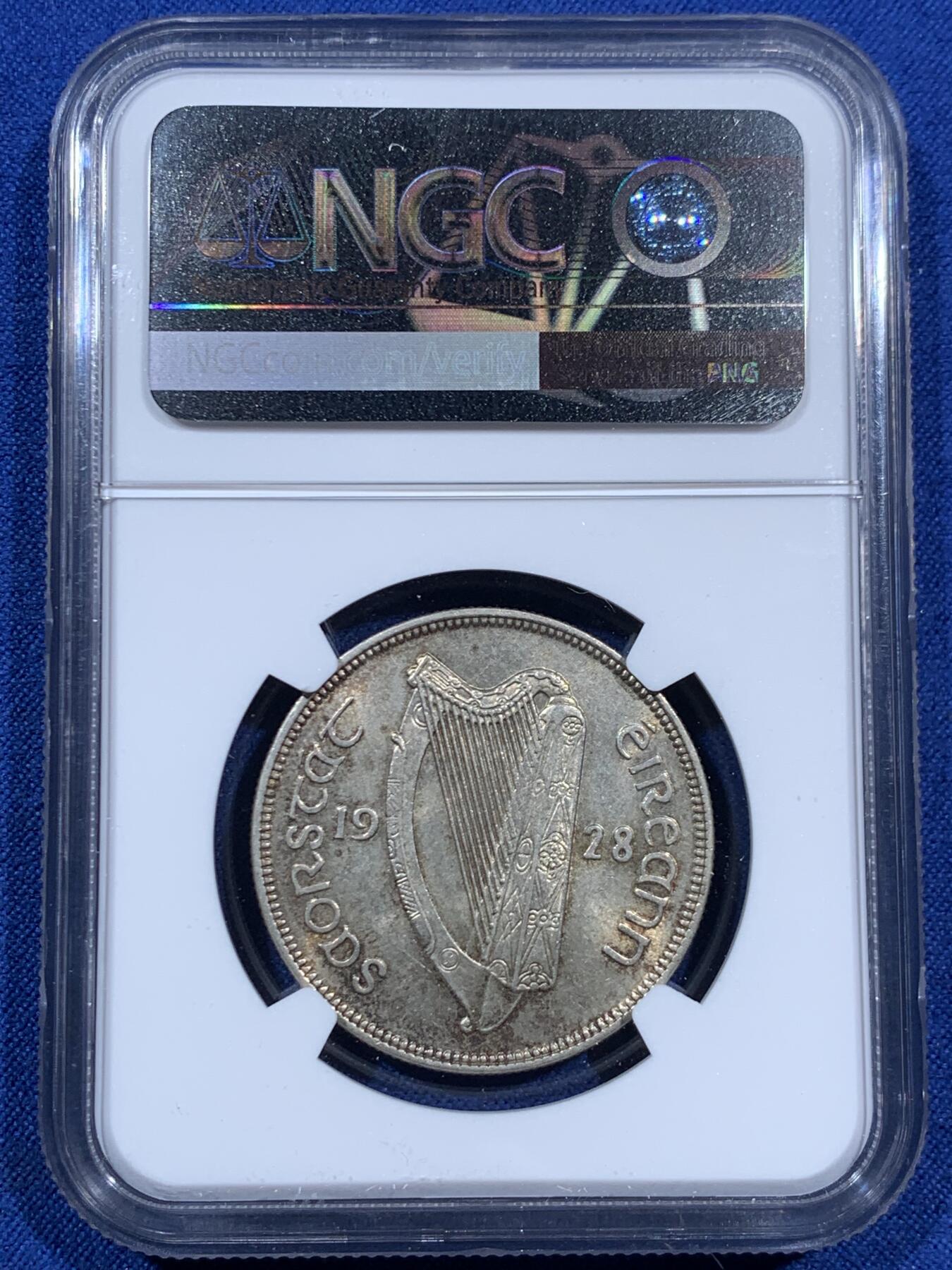 《竞宝斋》第452场 周日，周一 2场连拍 （全场包邮，欢迎送拍） NGC MS61 爱尔兰1928年半克朗银币，爱尔兰独立后首套铸币的最大面值银币