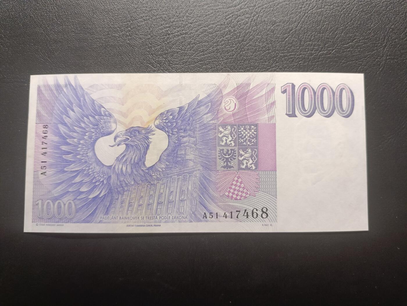 2026首期，总第211期 捷克1993年1000克朗AUNC，早期防伪版本首年份，历史学家帕拉斯基和波西米亚雄鹰下的中央银行大楼