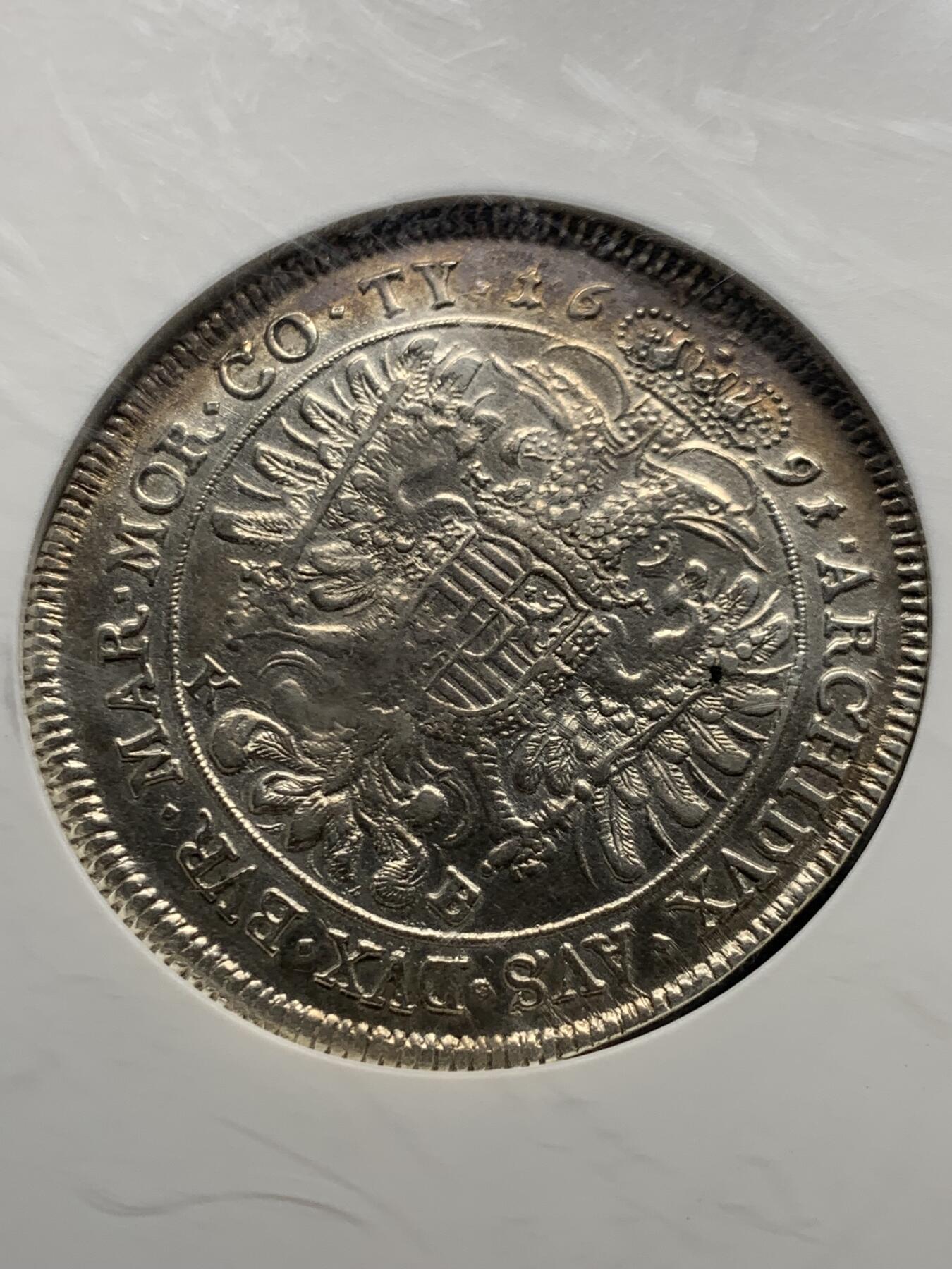 《竞宝斋》第452场 周日，周一 2场连拍 （全场包邮，欢迎送拍） NGC AU 神圣罗马帝国 1691 稀少匈牙利版 利奥博德一世大泰勒 超常规尺寸大盒封装 大波浪经典品种