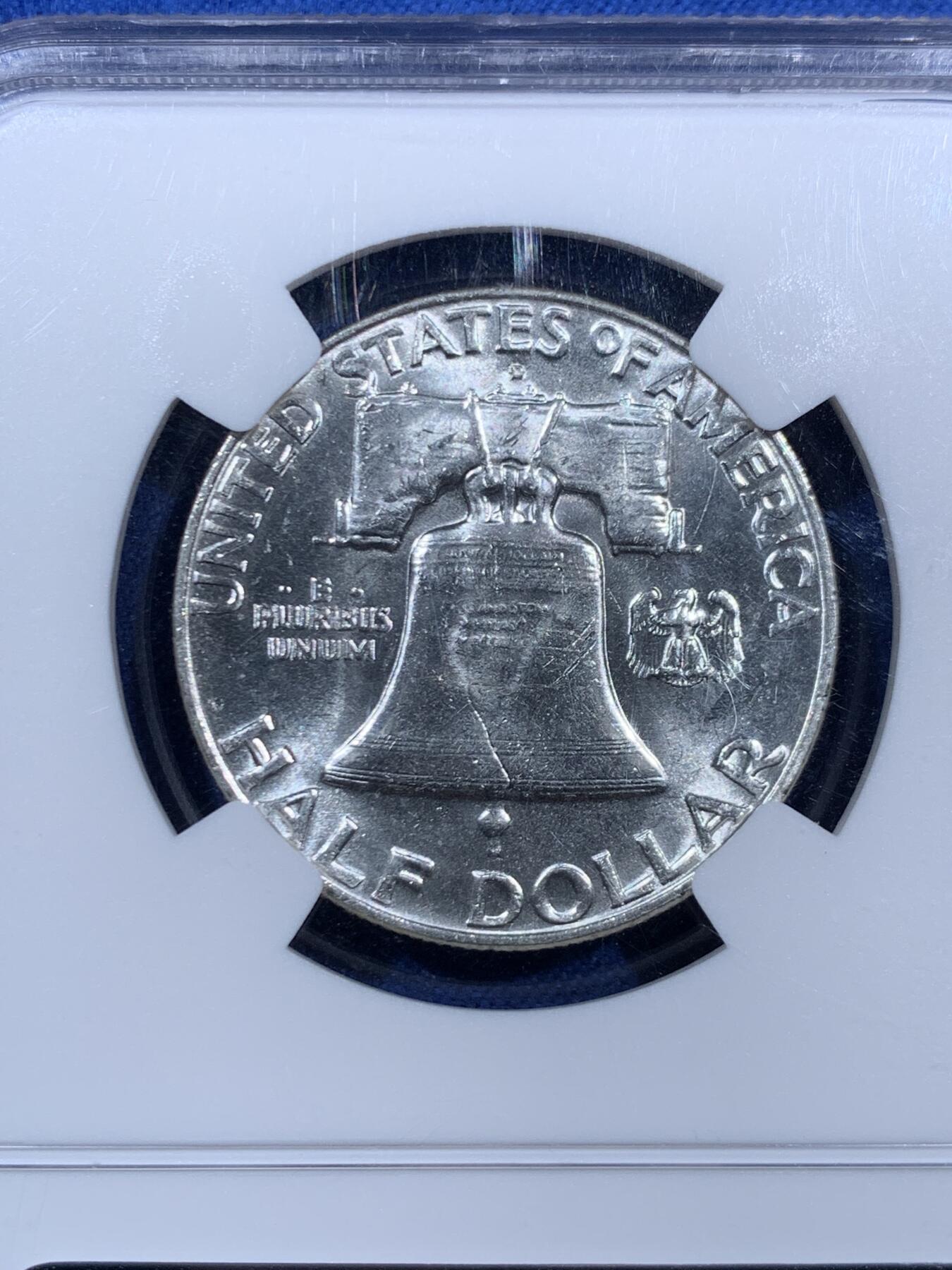 《竞宝斋》第452场 周日，周一 2场连拍 （全场包邮，欢迎送拍） NGC MS64 美国1957年富兰克林D版 50美分银币 满银光好品（同年美国发行最后一版银币劵）