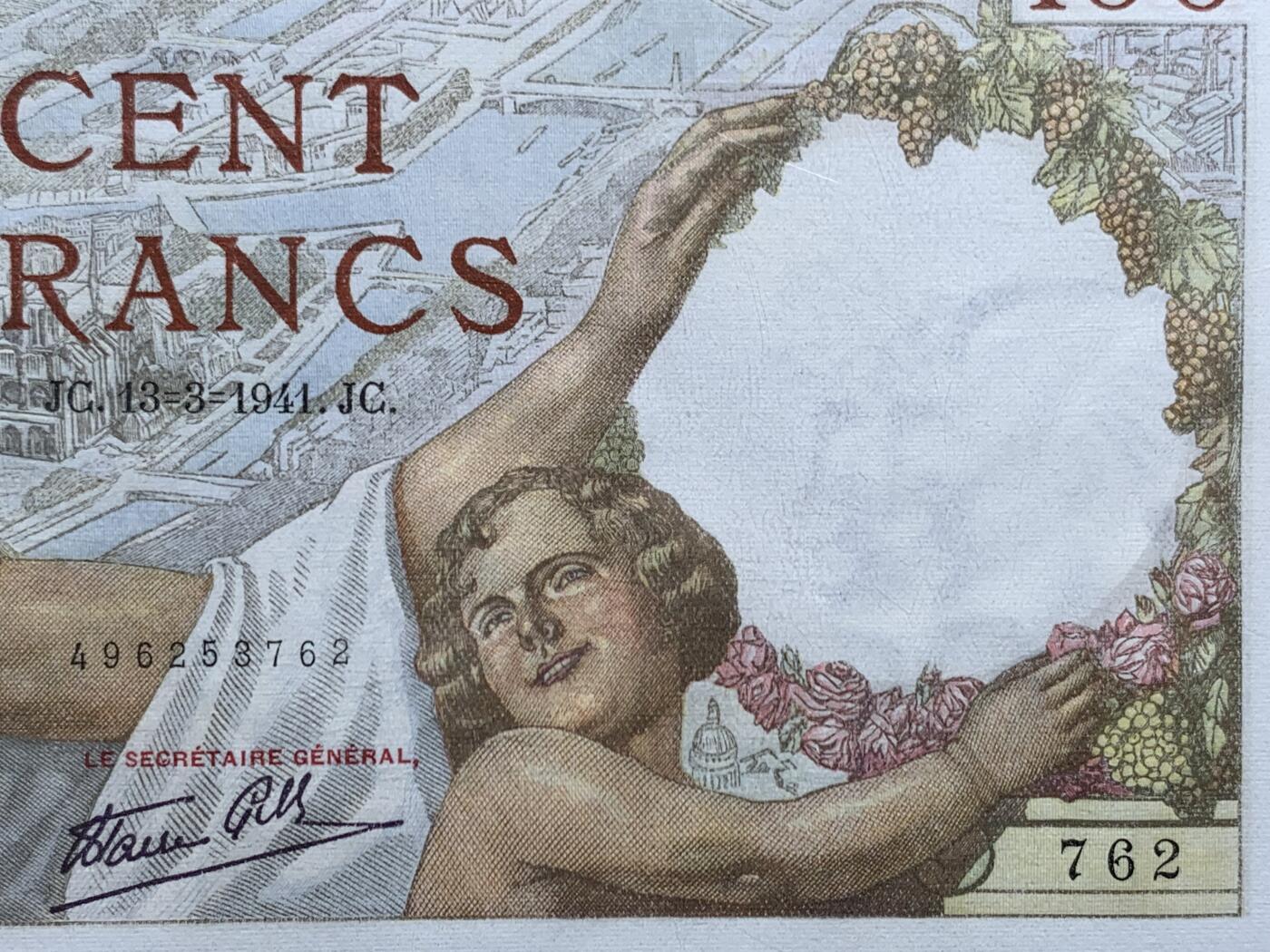 《竞宝斋》第452场 周日，周一 2场连拍 （全场包邮，欢迎送拍） PMG 64 法国 1941年 巴黎圣母院 100法郎