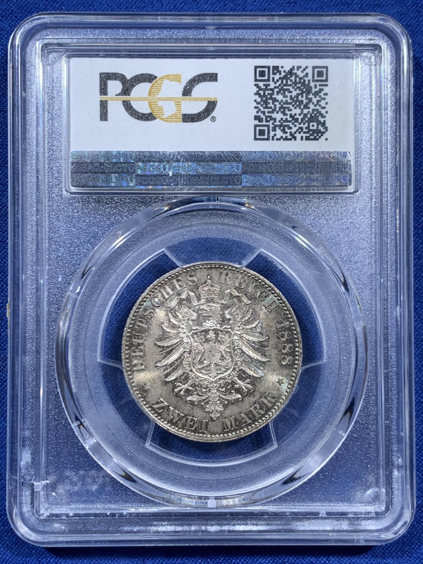 《竞宝斋》第452场 周日，周一 2场连拍 （全场包邮，欢迎送拍） PCGS MS66 德国 1888年 三皇之年弗里德里希三世皇帝2马克银币，超高分，包浆十分优美，收藏一步到位，细节见图