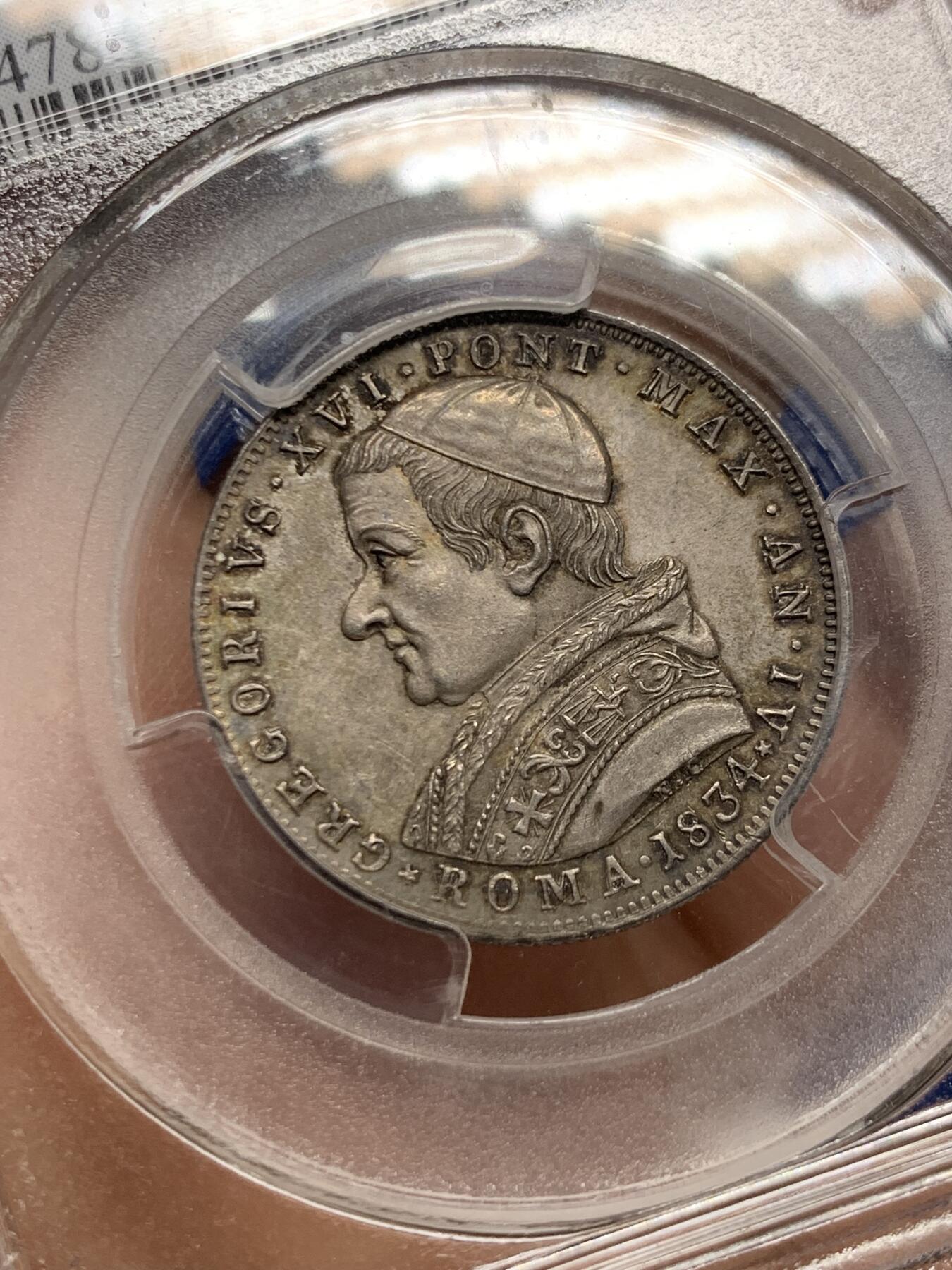 《竞宝斋》第452场 周日，周一 2场连拍 （全场包邮，欢迎送拍） PCGS MS62 教皇国 1834年 格里高利十六世 30BAI 银币 状态顶级