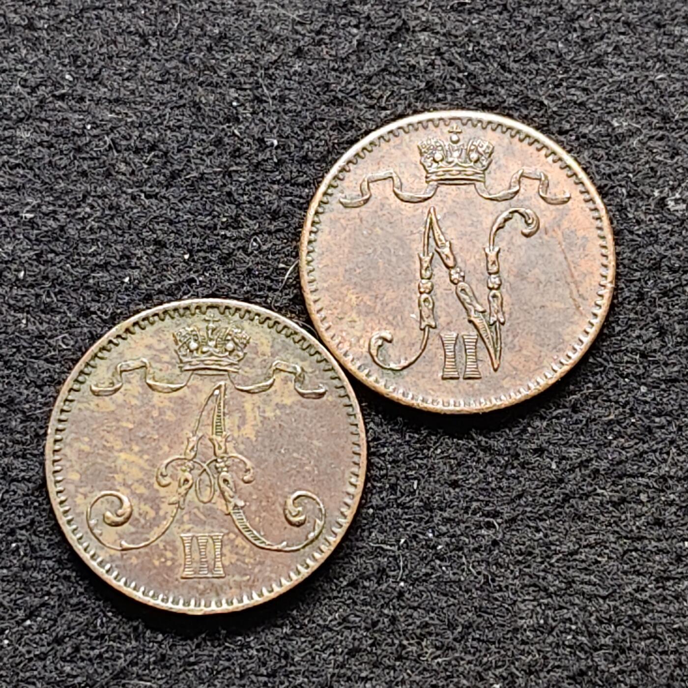 【全场包邮】纯粹捡漏拍490场（免费代拍第27场） 俄占芬兰1893年亚历山大三世+1905年尼古拉二世1盆尼不同版本2枚一组