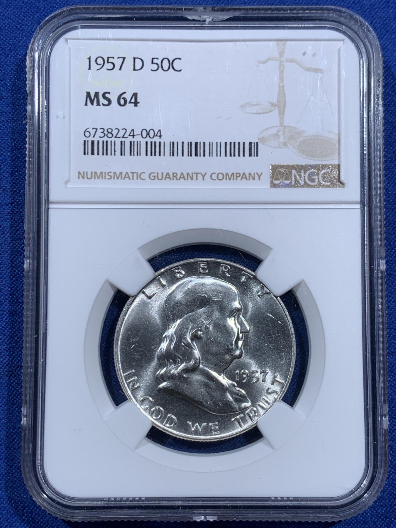 《竞宝斋》第452场 周日，周一 2场连拍 （全场包邮，欢迎送拍） NGC MS64 美国1957年富兰克林D版 50美分银币 满银光好品（同年美国发行最后一版银币劵）