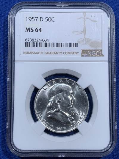 《竞宝斋》第452场 周日，周一 2场连拍 （全场包邮，欢迎送拍） - NGC MS64 美国1957年富兰克林D版 50美分银币 满银光好品（同年美国发行最后一版银币劵）