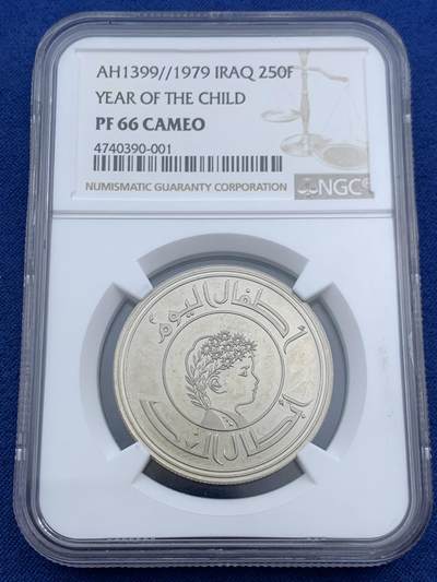 《竞宝斋》第452场 周日，周一 2场连拍 （全场包邮，欢迎送拍） - NGC PF66CAMEO 1979年伊拉克儿童年250Fil铜镍币精铸 花冠儿童精美设计图案 经典儿童年大热品种 镜面浮雕底板 外拍高价品种