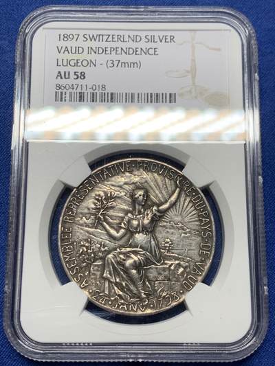 《竞宝斋》第452场 周日，周一 2场连拍 （全场包邮，欢迎送拍） - NGC AU58 瑞士1897年沃州独立一百周年纪念银章