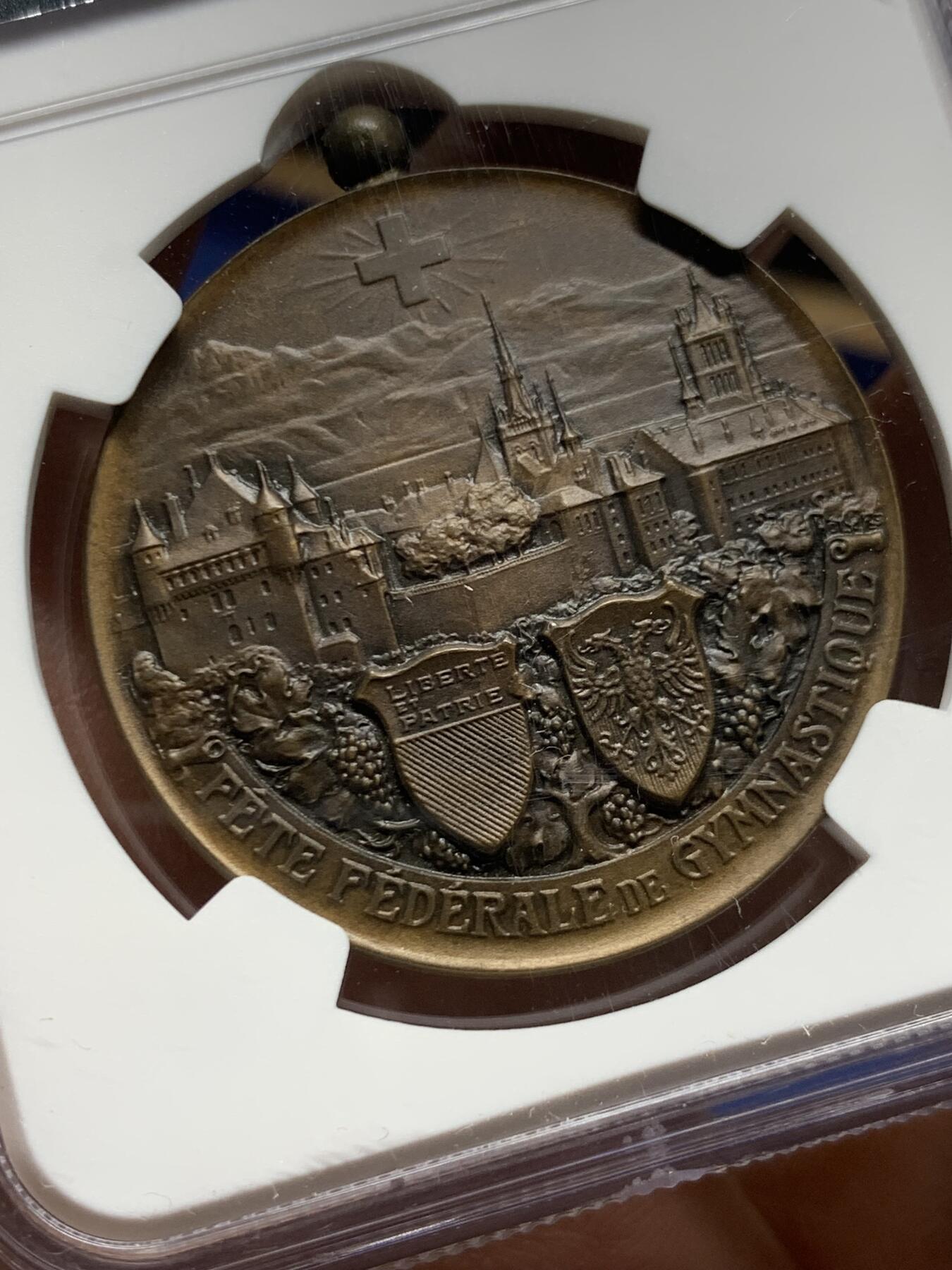 《竞宝斋》第452场 周日，周一 2场连拍 （全场包邮，欢迎送拍） NGC MS64BN 1909年 瑞士洛桑 城市景观铜章 超燃品相