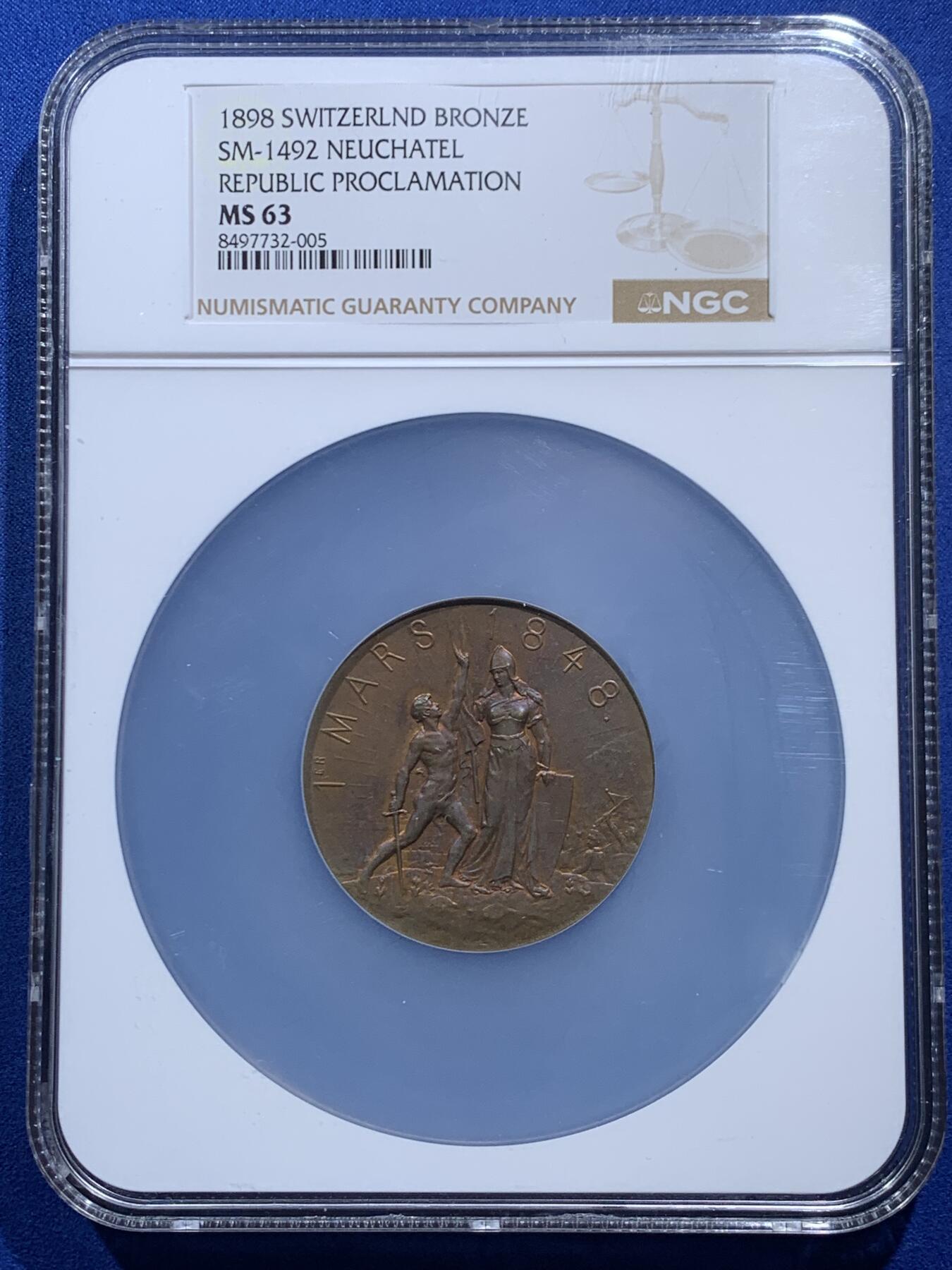 《竞宝斋》第452场 周日，周一 2场连拍 （全场包邮，欢迎送拍） NGC MS63 瑞士1898年纳沙泰尔纪念脱离普鲁士加入瑞士50周年铜章 大盒封装