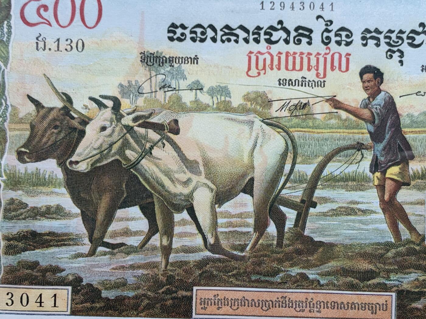 《竞宝斋》第452场 周日，周一 2场连拍 （全场包邮，欢迎送拍） PMG 64 柬埔寨 1958-70年500瑞尔 耕牛 精美法属风 大票幅 难出分品种