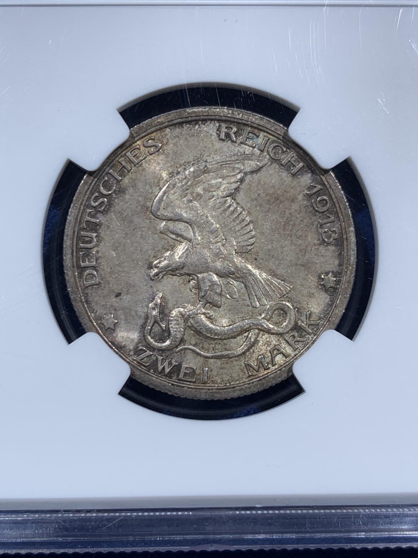 《竞宝斋》第452场 周日，周一 2场连拍 （全场包邮，欢迎送拍） NGC MS64 德国1913A普法战争两马克银币 深彩包浆漂亮 值得入手