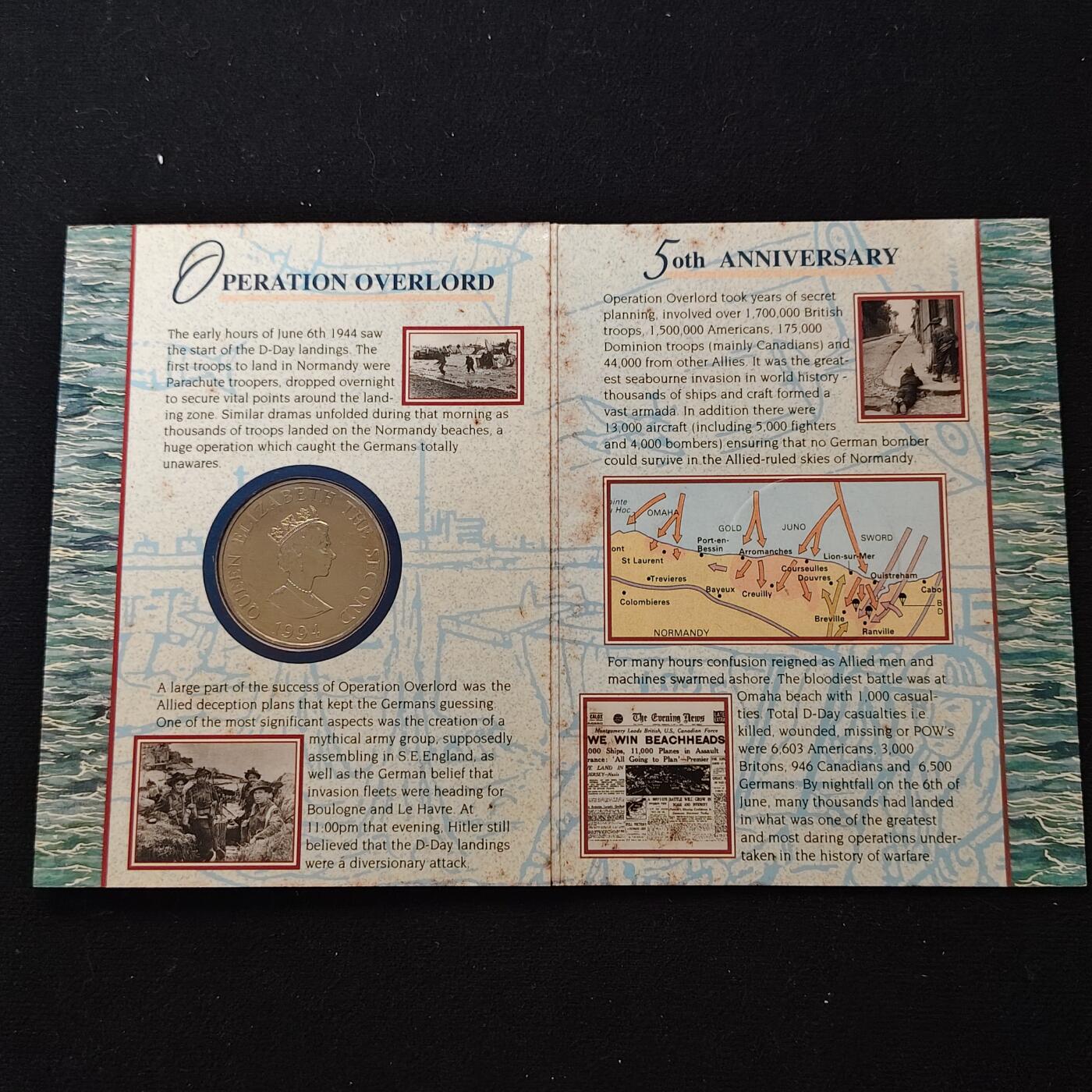 【全场包邮】纯粹捡漏拍491场（免费代拍第28场） 奥尔德尼1994年2镑D-DAY日50周年官方卡装克朗型纪念币