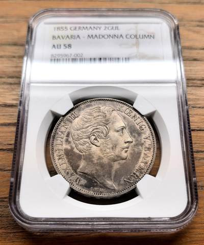 凡希社世界钱币微拍第三百十六期 - 1855德国巴伐利亚圣母子2盾大银NGC-AU58