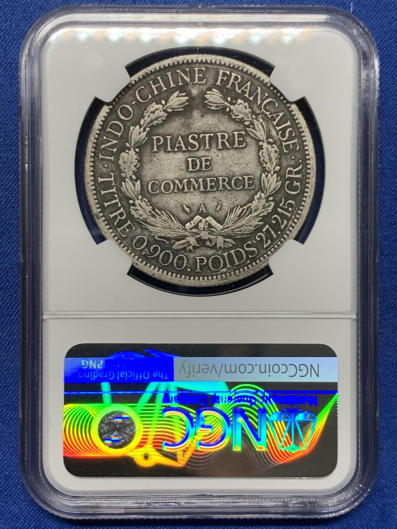 《竞宝斋》第452场 周日，周一 2场连拍 （全场包邮，欢迎送拍） NGC VFD 法属印支1895A坐洋1皮亚斯特银币 加重版