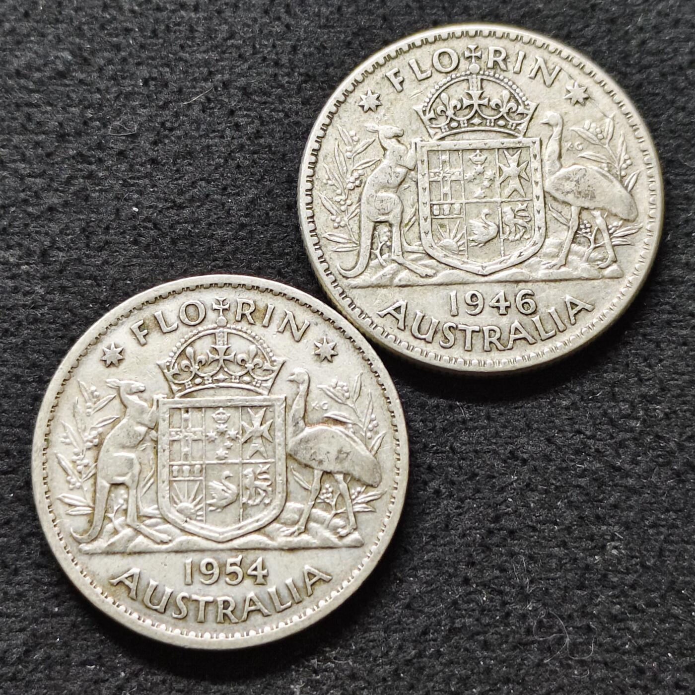 【全场包邮】纯粹捡漏拍491场（免费代拍第28场） 澳大利亚1946/1954年乔治六世/女王1佛罗林（28.6毫米11.3克/28.5毫米11.2克）银币2枚一组（共计22.5克）