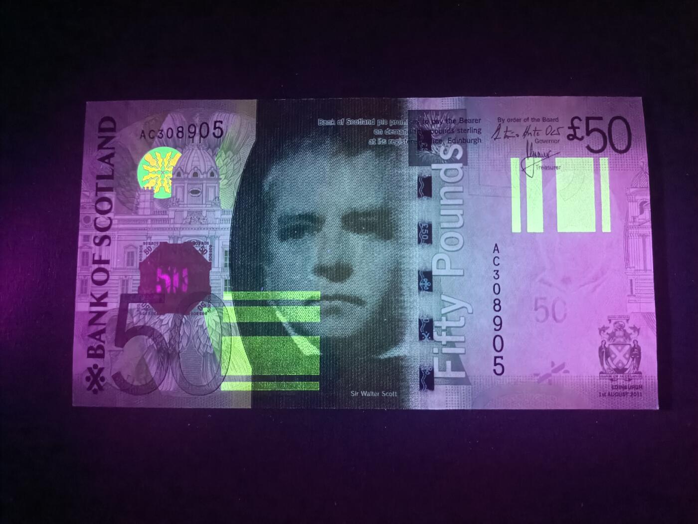 2026首期，总第211期 苏格兰银行2011年50镑UNC无47，诗人沃尔特斯科特和著名的船闸旅游景点-福尔柯克轮