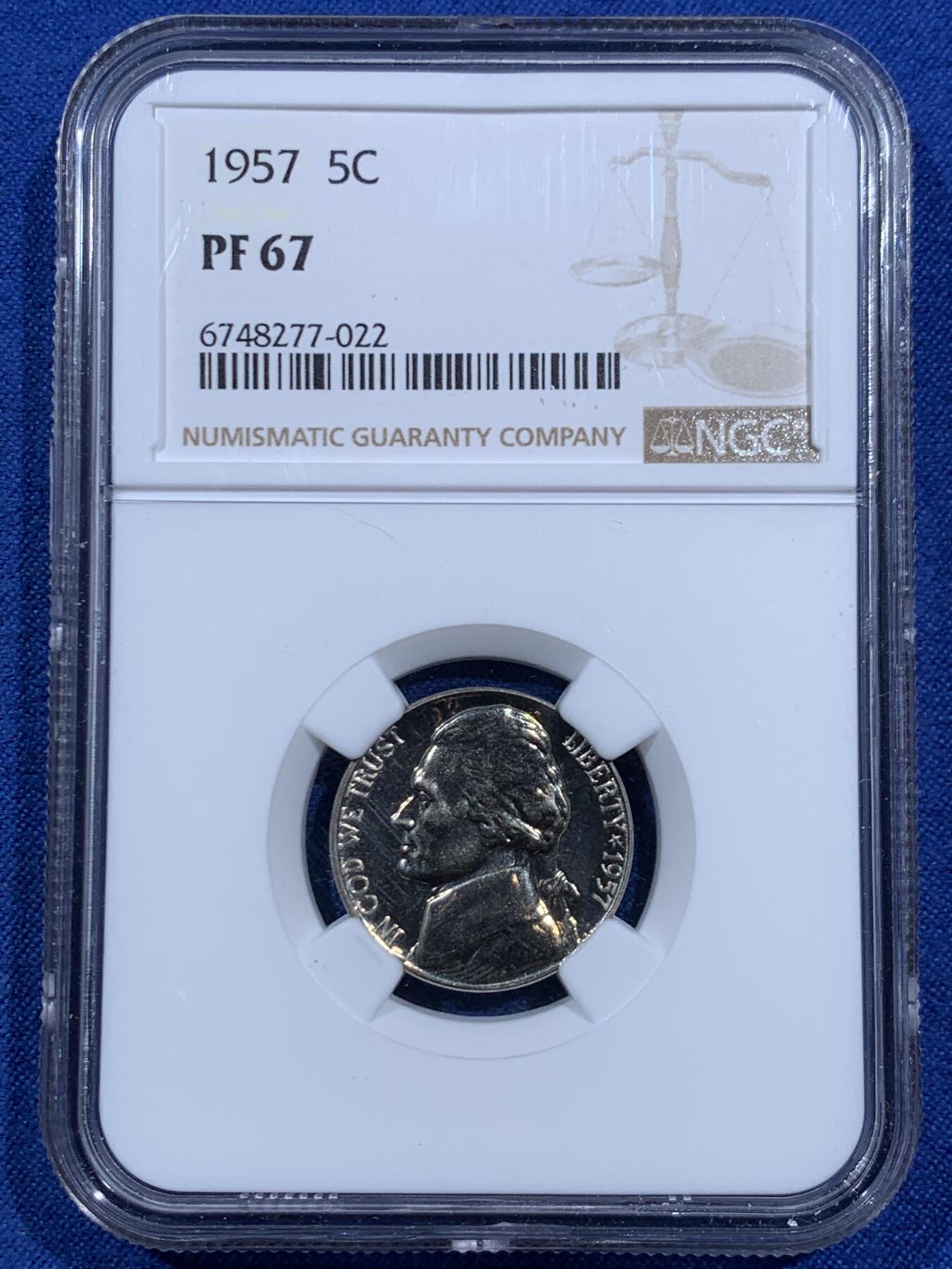 《竞宝斋》第452场 周日，周一 2场连拍 （全场包邮，欢迎送拍） NGC PF67 美国1957年杰斐逊5分，少见50年代早期精制版本，67分超高分。