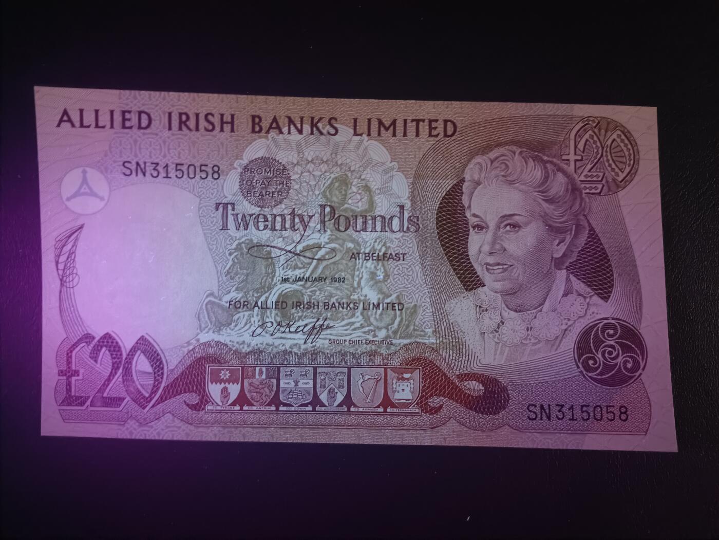 2026首期，总第211期 爱尔兰联合银行1982年20镑UNC无47，女性肖像和拉加达角的怪石柱，此银行后来改组为第一信托银行