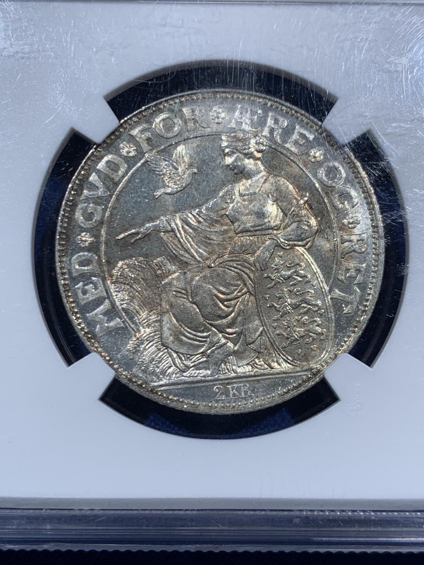 《竞宝斋》第452场 周日，周一 2场连拍 （全场包邮，欢迎送拍） NGC MS63 丹麦1903年国王登基40周年纪念银币