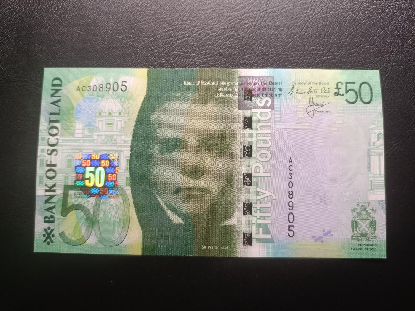 2026首期，总第211期 苏格兰银行2011年50镑UNC无47，诗人沃尔特斯科特和著名的船闸旅游景点-福尔柯克轮