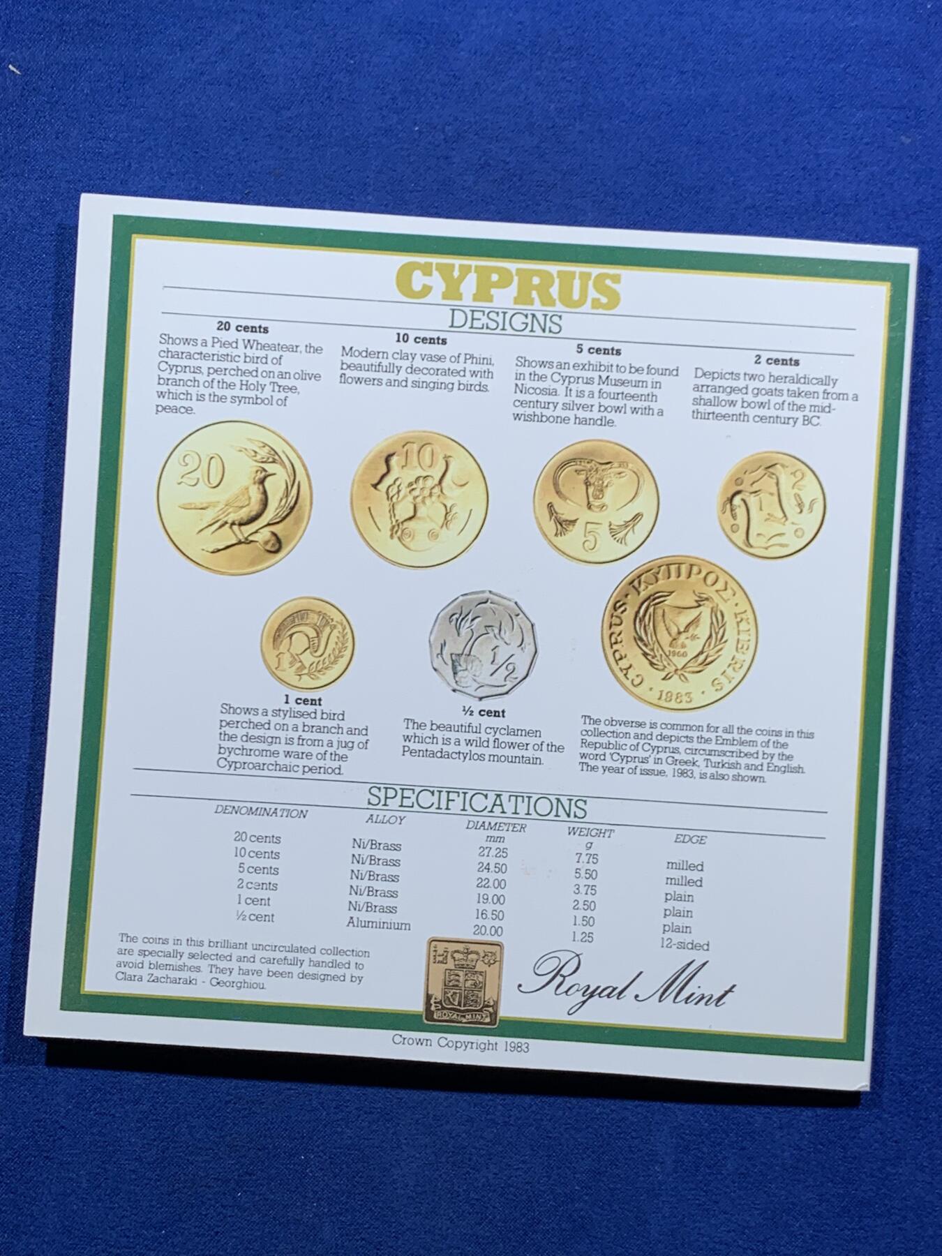 《竞宝斋》第452场 周日，周一 2场连拍 （全场包邮，欢迎送拍） 塞浦路斯1983官方原装套币 半分-20分 6枚全套独年版 克劳斯编号MS16 英国皇家造币