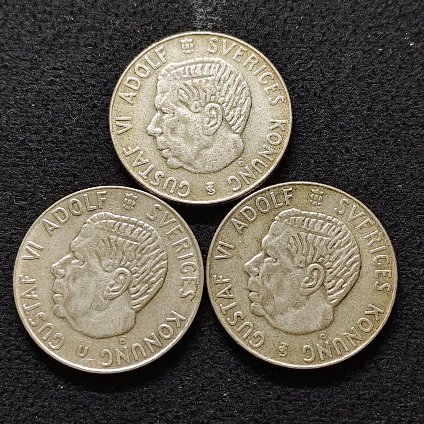 【全场包邮】纯粹捡漏拍491场（免费代拍第28场） 瑞典1956-1961年古斯塔夫六世1克朗（25毫米7克）银币3枚一组（共计21克）