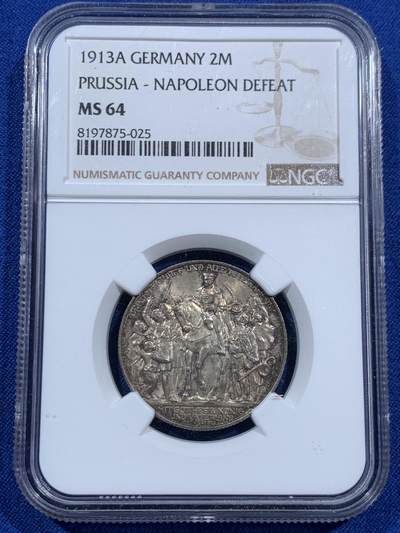 《竞宝斋》第452场 周日，周一 2场连拍 （全场包邮，欢迎送拍） - NGC MS64 德国1913A普法战争两马克银币 深彩包浆漂亮 值得入手