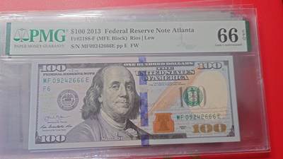 【新年首拍】世界钱币～微拍第222期暨2025年第62期  评级币专场 剩余部分硬通评级币汇率起拍 欢迎参与 - 2013年美国100元 带4豹子号666 PMG66E