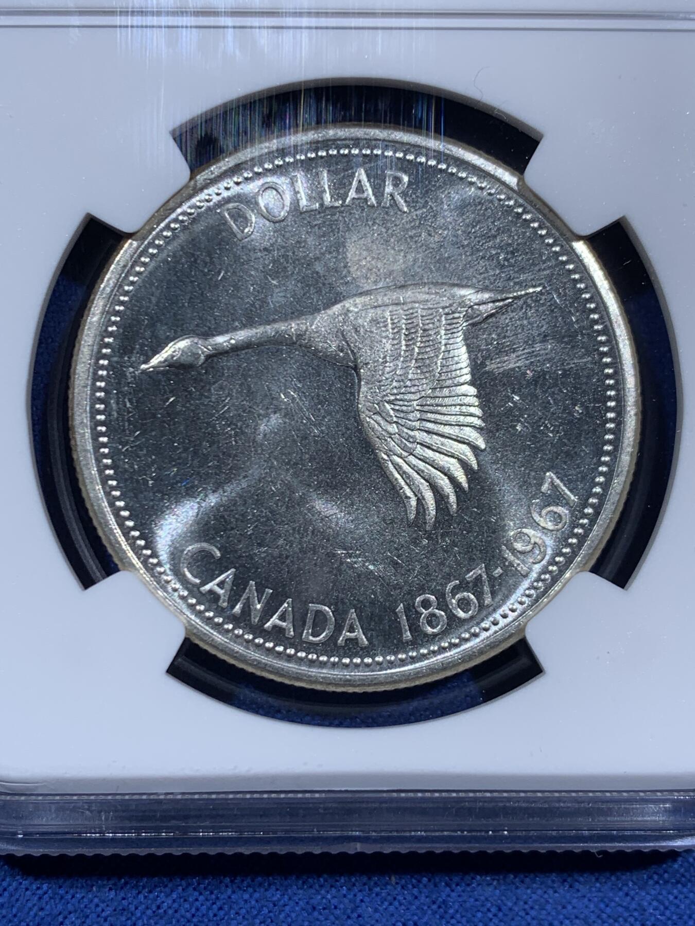 《竞宝斋》第452场 周日，周一 2场连拍 （全场包邮，欢迎送拍） NGC MS64 加拿大1967年大雁一元银币 经典工艺 光度漂亮