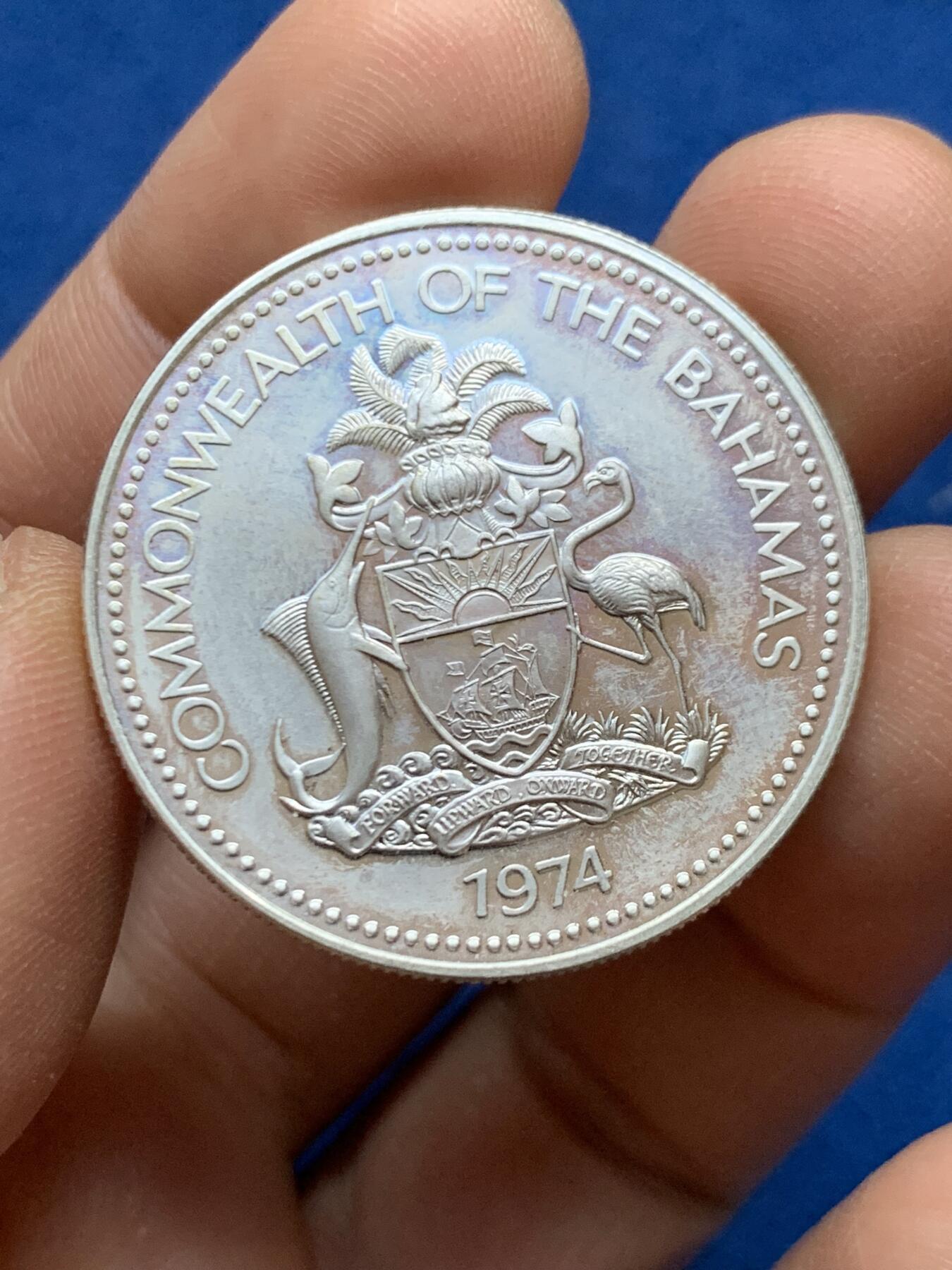 《竞宝斋》第452场 周日，周一 2场连拍 （全场包邮，欢迎送拍） 巴哈马1974年海螺1元精制银币 800银 18.3g