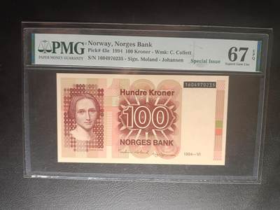 2026首期，总第211期 - 挪威1994年100克朗末年份纪念钞PMG67epq，黑色冠号100克朗当年仅在册中发售几千册，极度稀有