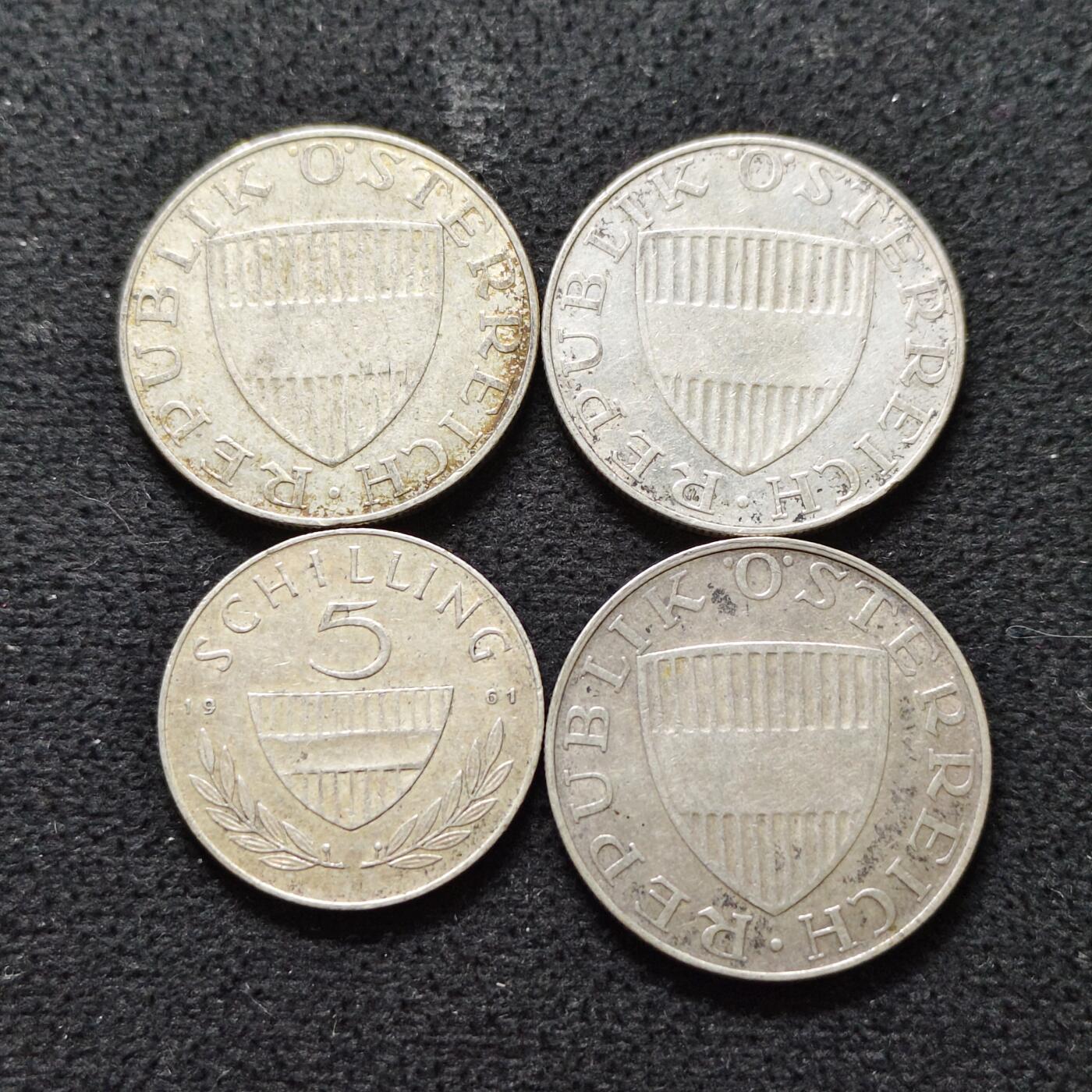 【全场包邮】纯粹捡漏拍491场（免费代拍第28场） 奥地利1957-1961年5/10先令（23.5毫米5.2克/27毫米7.5克）银币4枚一组（共计27.7克）