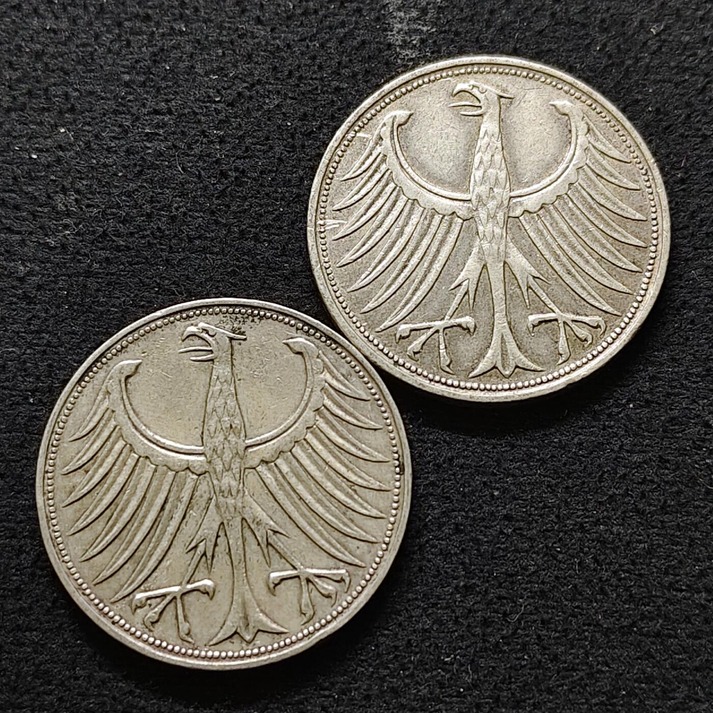 【全场包邮】纯粹捡漏拍491场（免费代拍第28场） 德国联邦德国1951年5马克飞鹰（29毫米11.2克）银币2枚一组