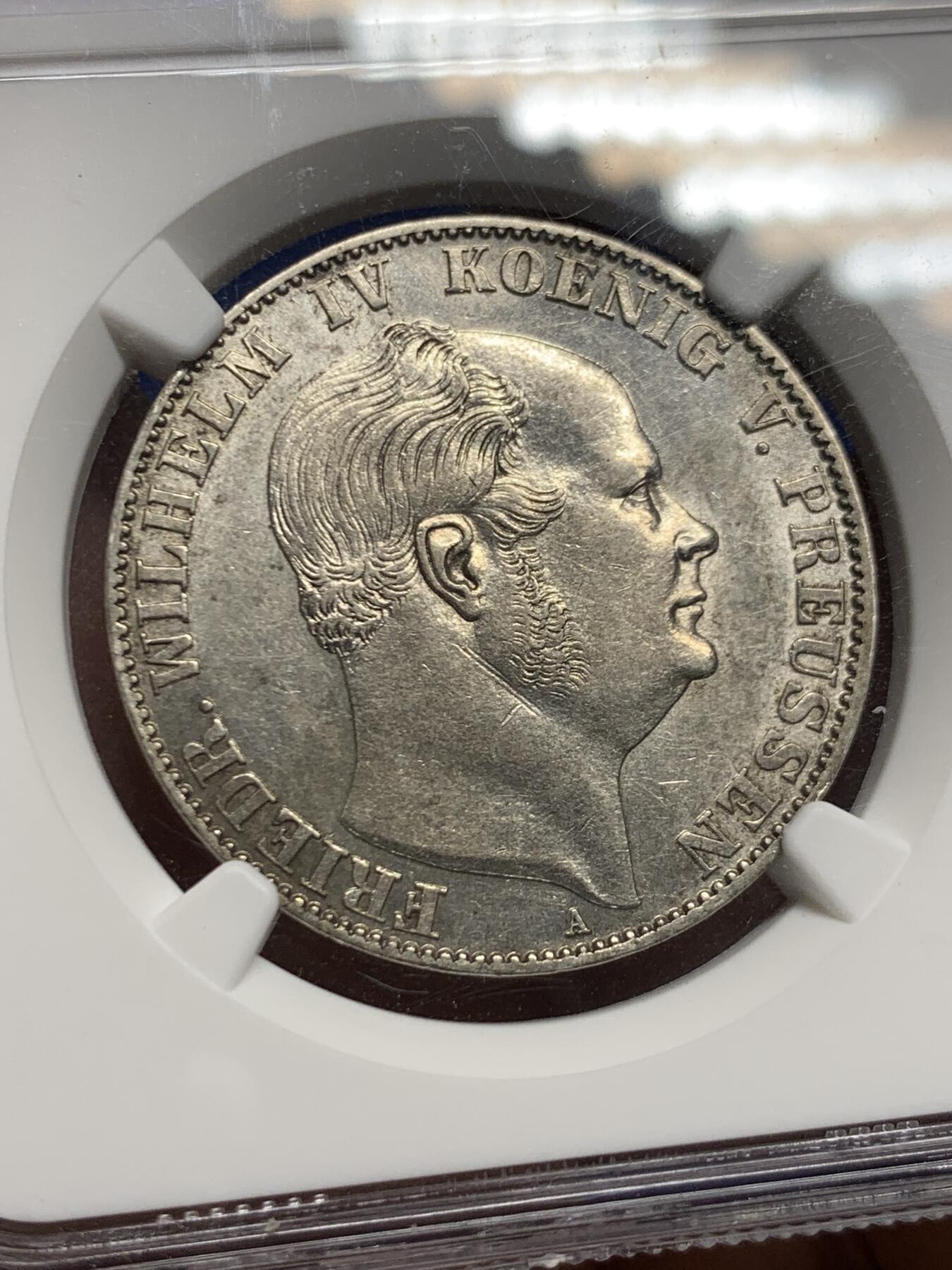 《竞宝斋》第452场 周日，周一 2场连拍 （全场包邮，欢迎送拍） NGC MS62 德国 1860年 普鲁士 威廉四世 离冠鹰 1泰勒银币 少见年份