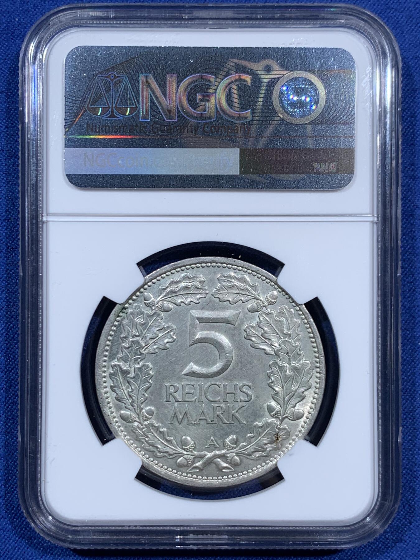 《竞宝斋》第452场 周日，周一 2场连拍 （全场包邮，欢迎送拍） NGC UNCD 德国1925年魏玛共和国莱茵千年5马克银币 状态很不错