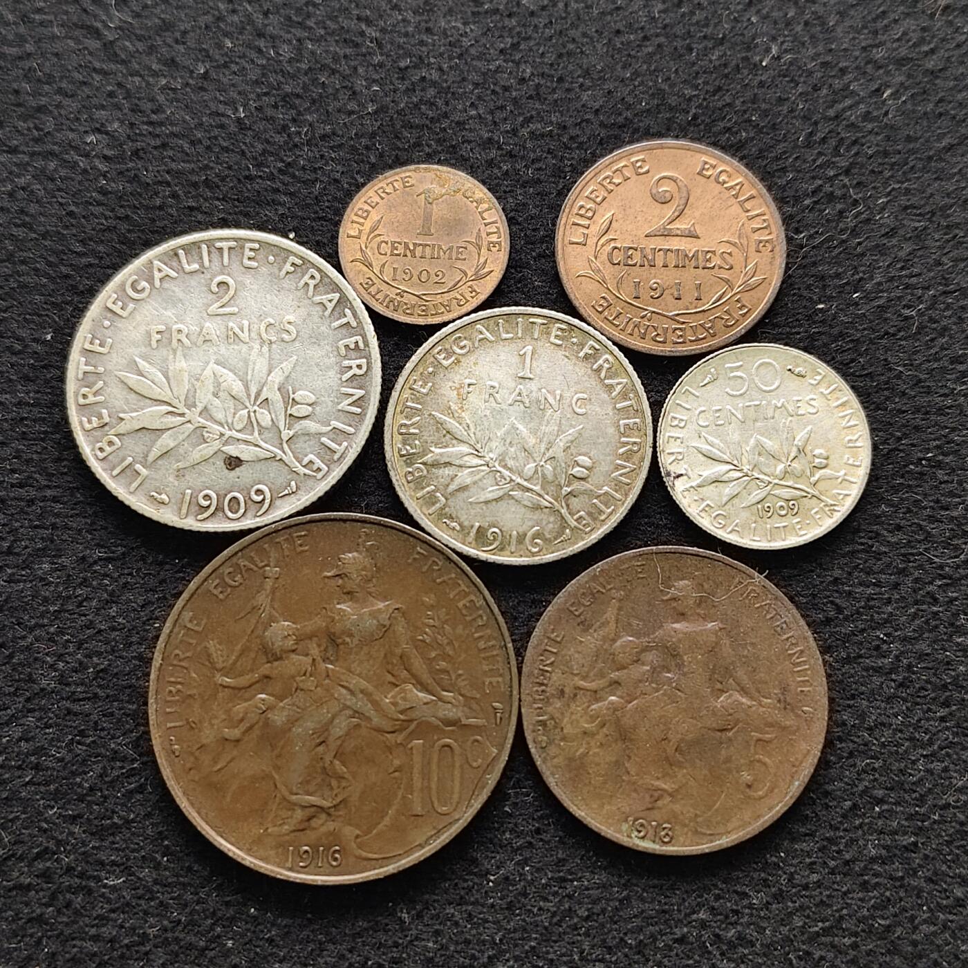 【全场包邮】纯粹捡漏拍491场（免费代拍第28场） 法国1902-1918年女神版7枚全套（早期未发行5法郎）-含3枚银币（共计17.5克）