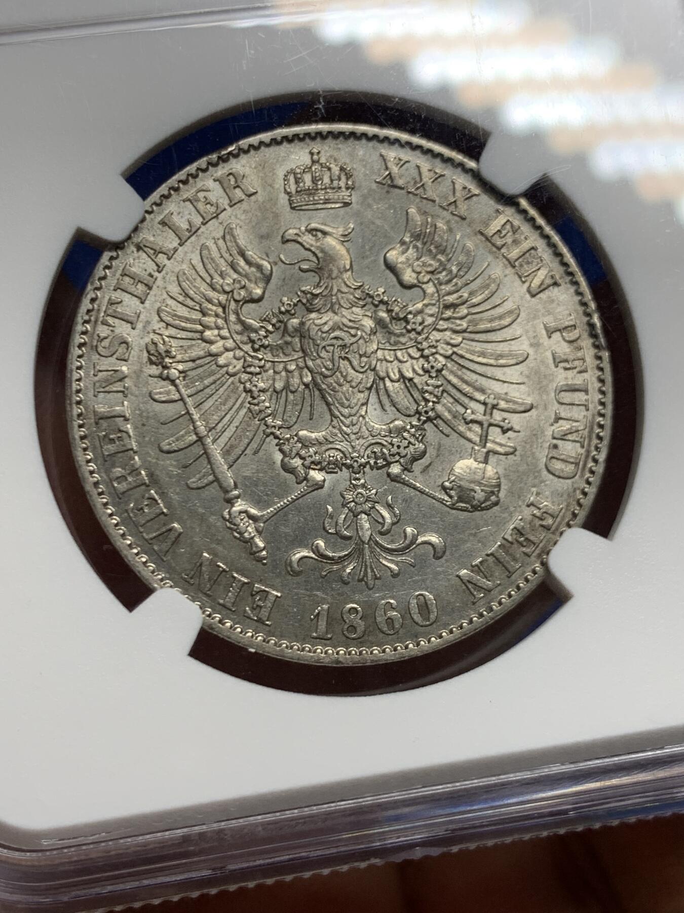 《竞宝斋》第452场 周日，周一 2场连拍 （全场包邮，欢迎送拍） NGC MS62 德国 1860年 普鲁士 威廉四世 离冠鹰 1泰勒银币 少见年份