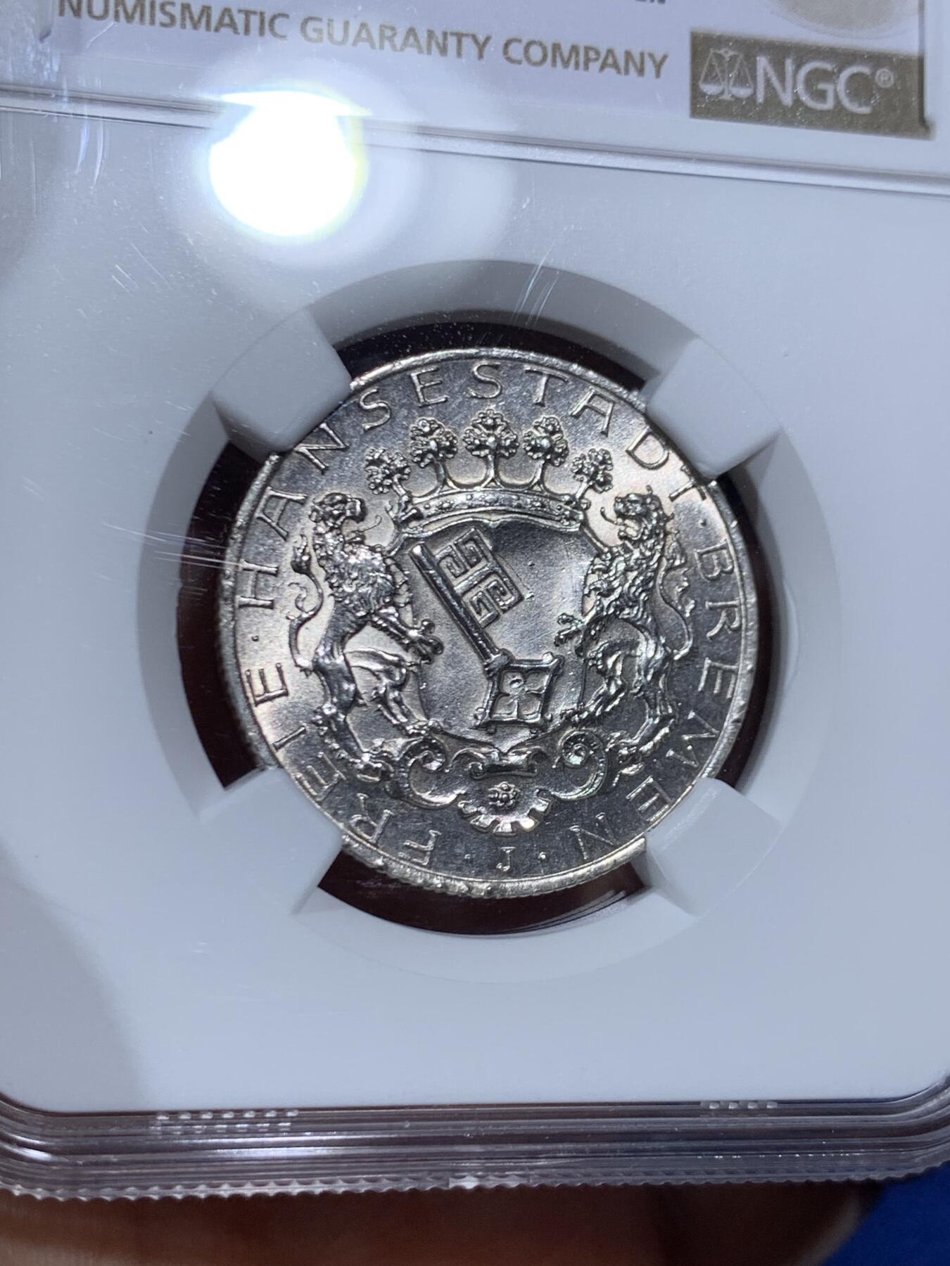 《竞宝斋》第452场 周日，周一 2场连拍 （全场包邮，欢迎送拍） NGC MS64 德国 1904年 不莱梅长翅2马克银币，少见自由市马克