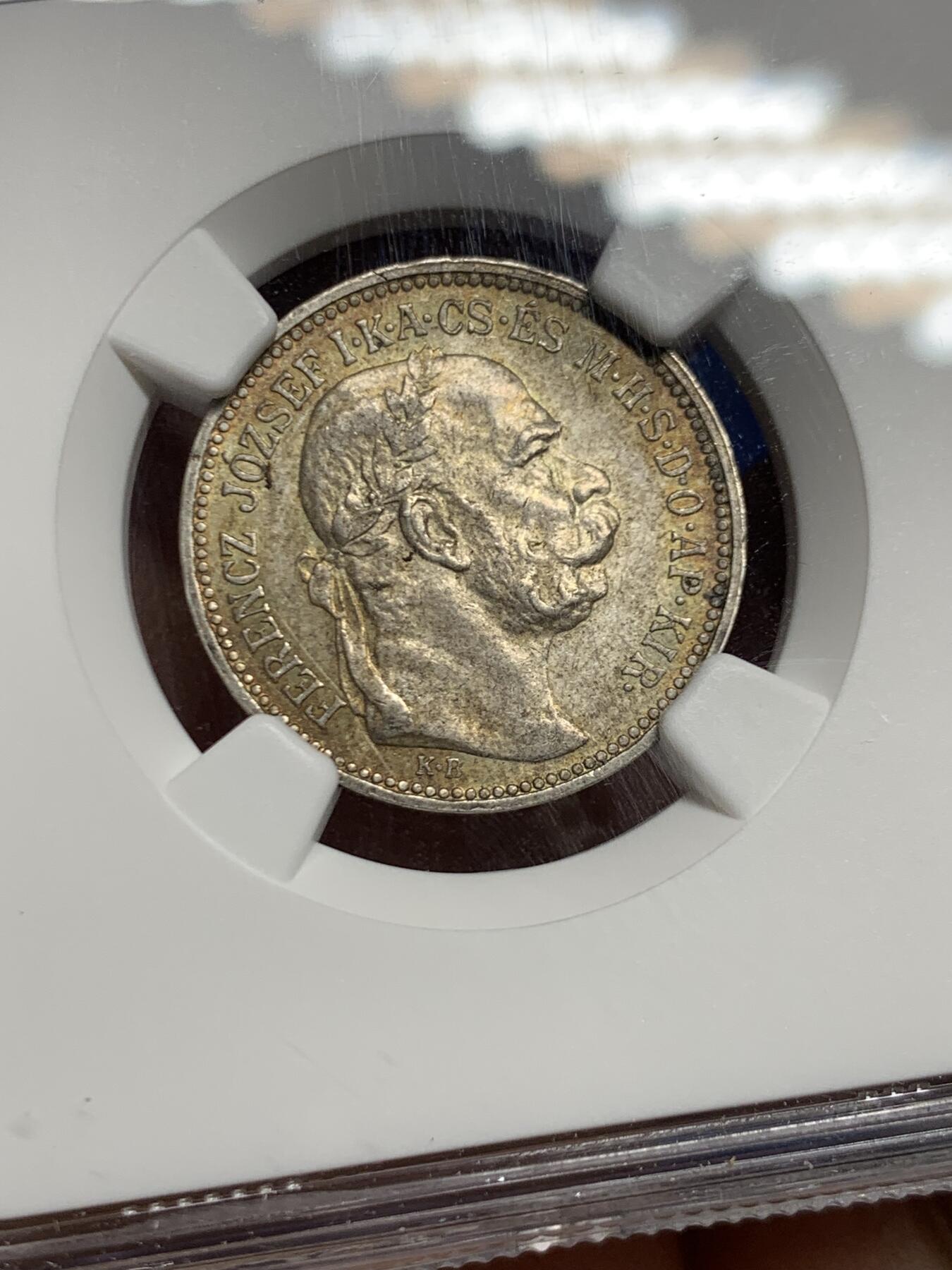 《竞宝斋》第452场 周日，周一 2场连拍 （全场包邮，欢迎送拍） NGC MS62 匈牙利1915科罗娜银币，全币五彩状态，少见的匈牙利版，难得的好状态