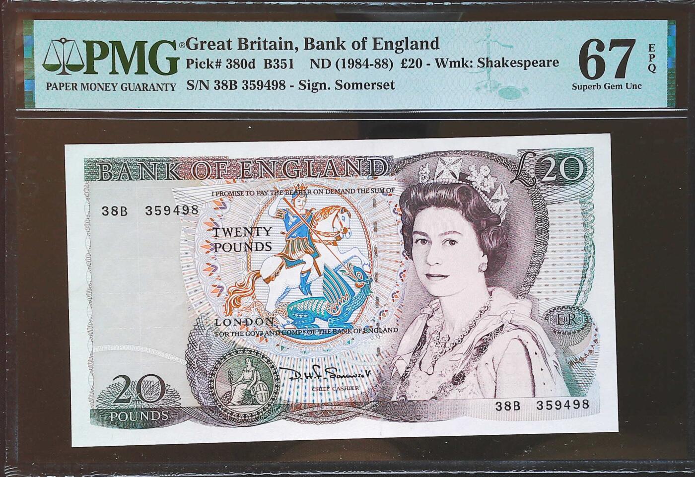 世界靓号纸钞第七十九期 1984-88年英国英格兰银行20镑 D序列 尾8 PMG67 高分