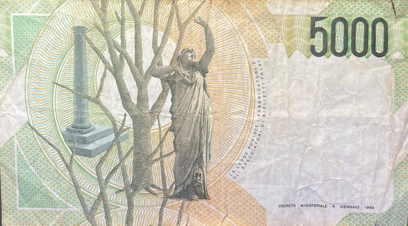 回流1228 1985年意大利5000里拉纸币（贝利尼版）