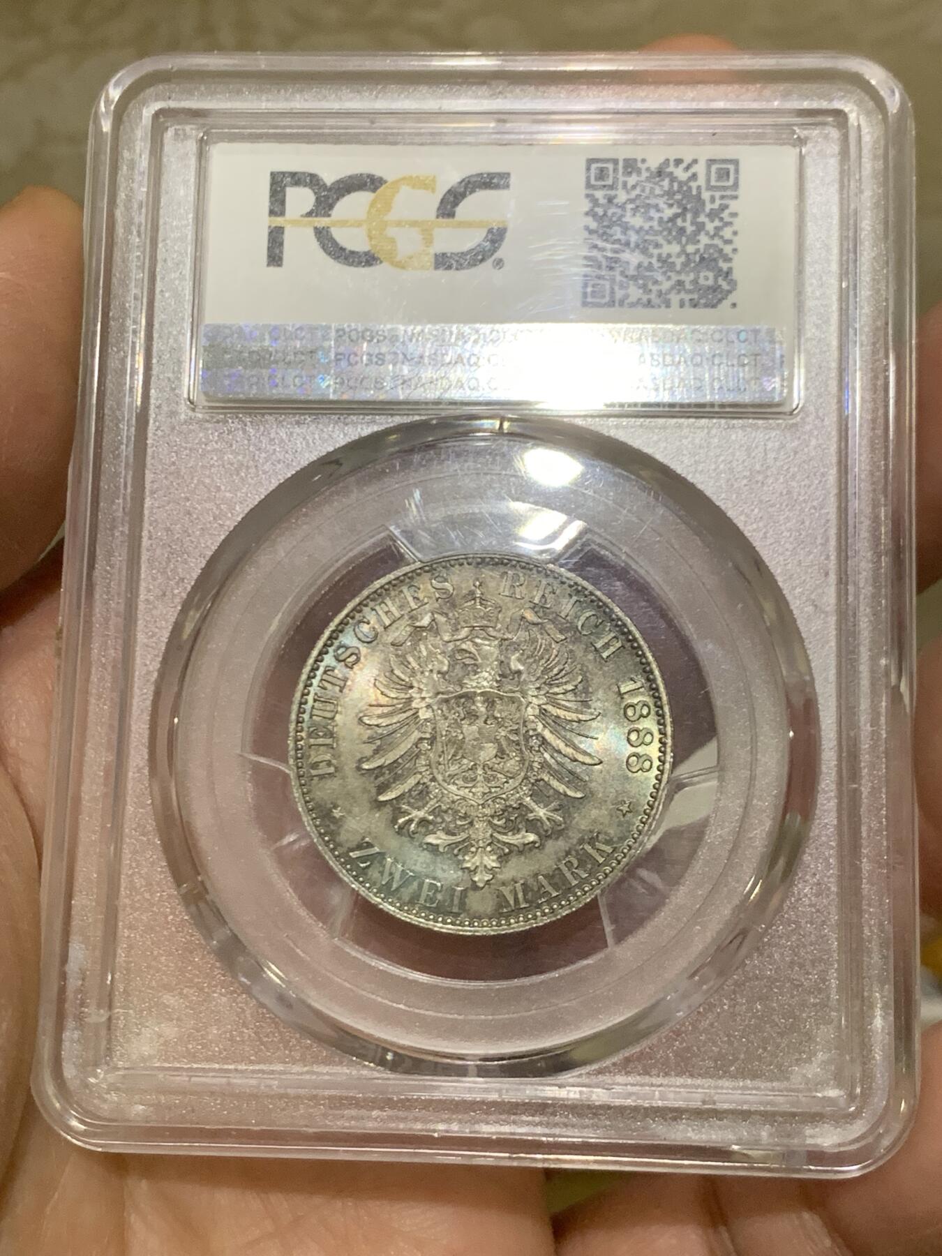 《竞宝斋》第452场 周日，周一 2场连拍 （全场包邮，欢迎送拍） PCGS MS66 德国 1888年 三皇之年弗里德里希三世皇帝2马克银币，超高分，包浆十分优美，收藏一步到位，细节见图