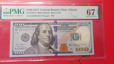 【新年首拍】世界钱币～微拍第222期暨2025年第62期  评级币专场 剩余部分硬通评级币汇率起拍 欢迎参与 - 2013年美国100元 带4豹子号777 PMG67E