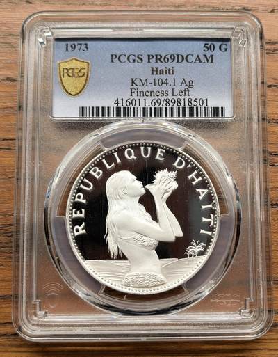 凡希社世界钱币微拍第三百十六期 - 1973海地捧海螺的少女50G大银精铸PCGS-PR69DCAM